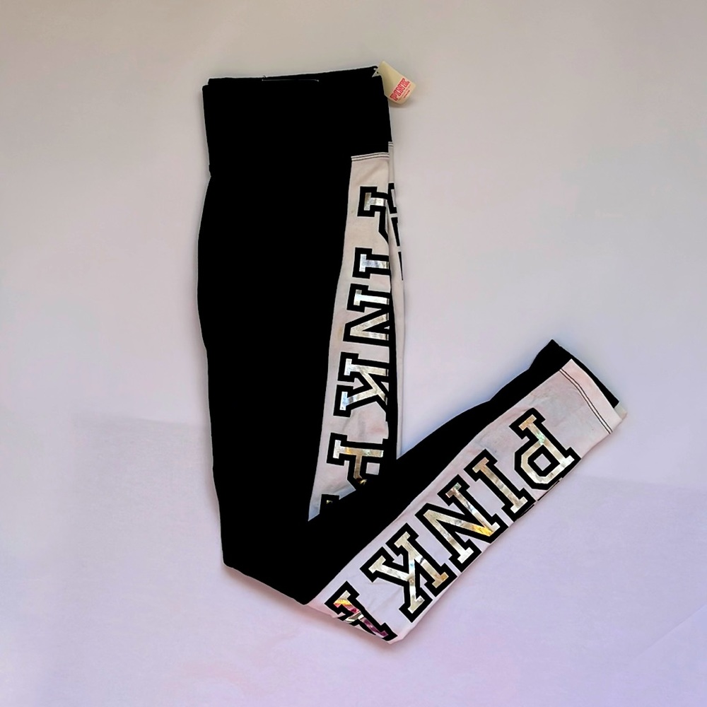 BRAND NEW VICTORIA SECRET BLACK/WHITE/SILVER METALLIC YOGA LEGGINGS
